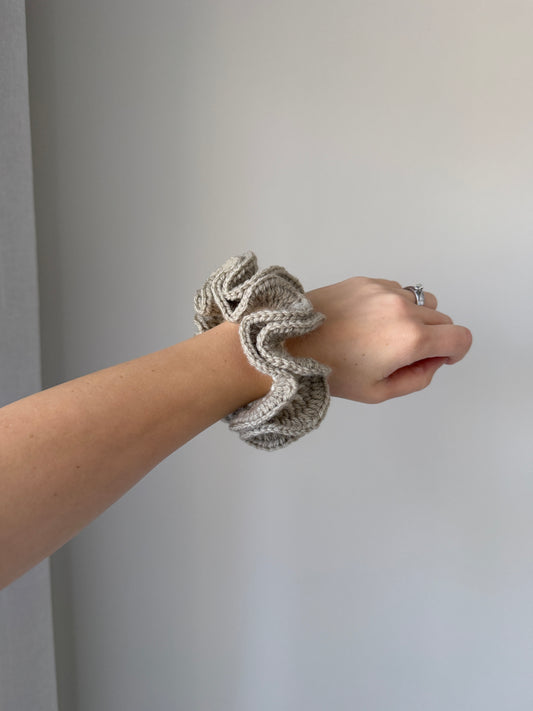 Brownish Grey & Cream Crochet Scrunchie