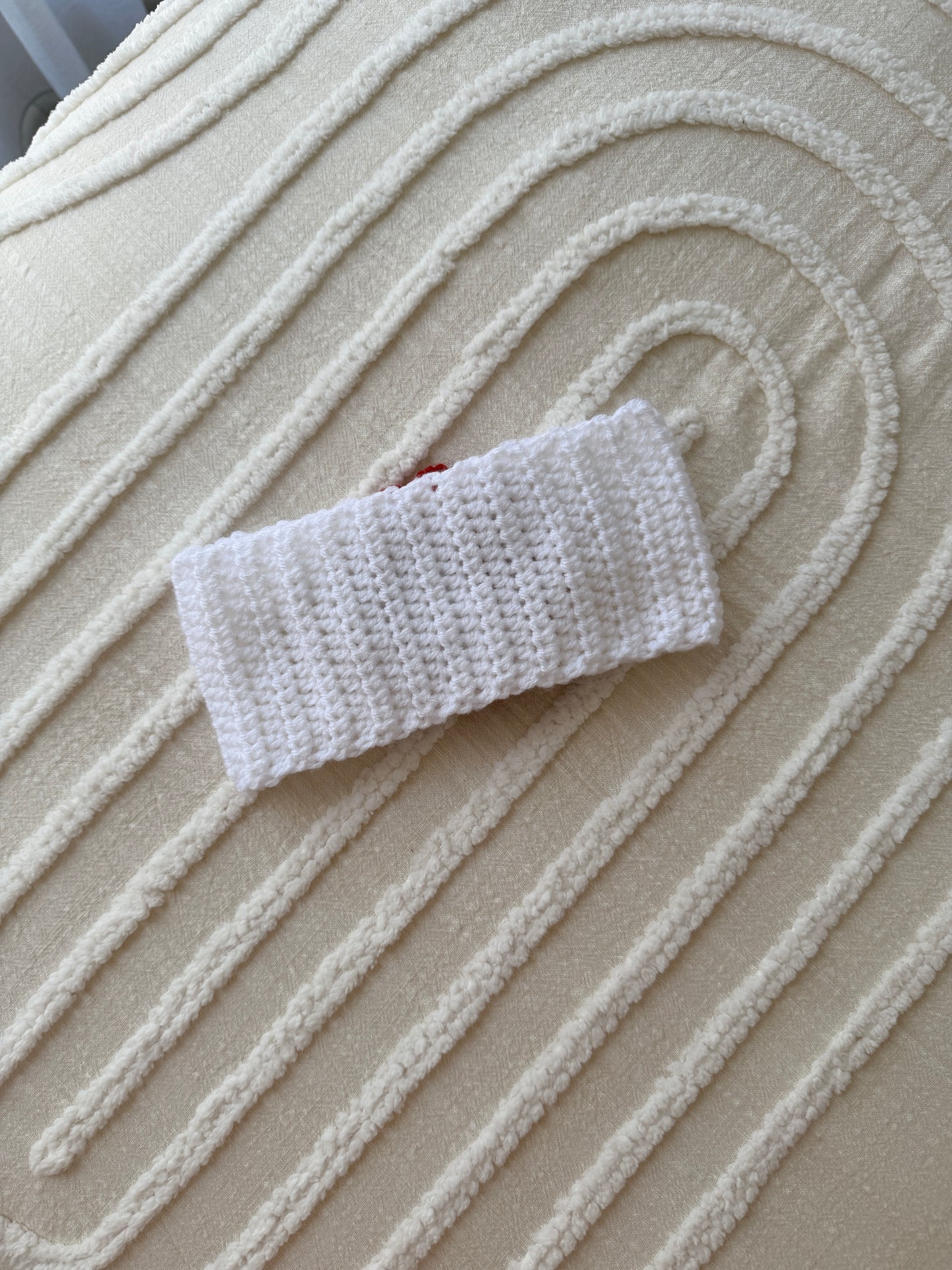 White & Red Crochet Headband with Cat Button