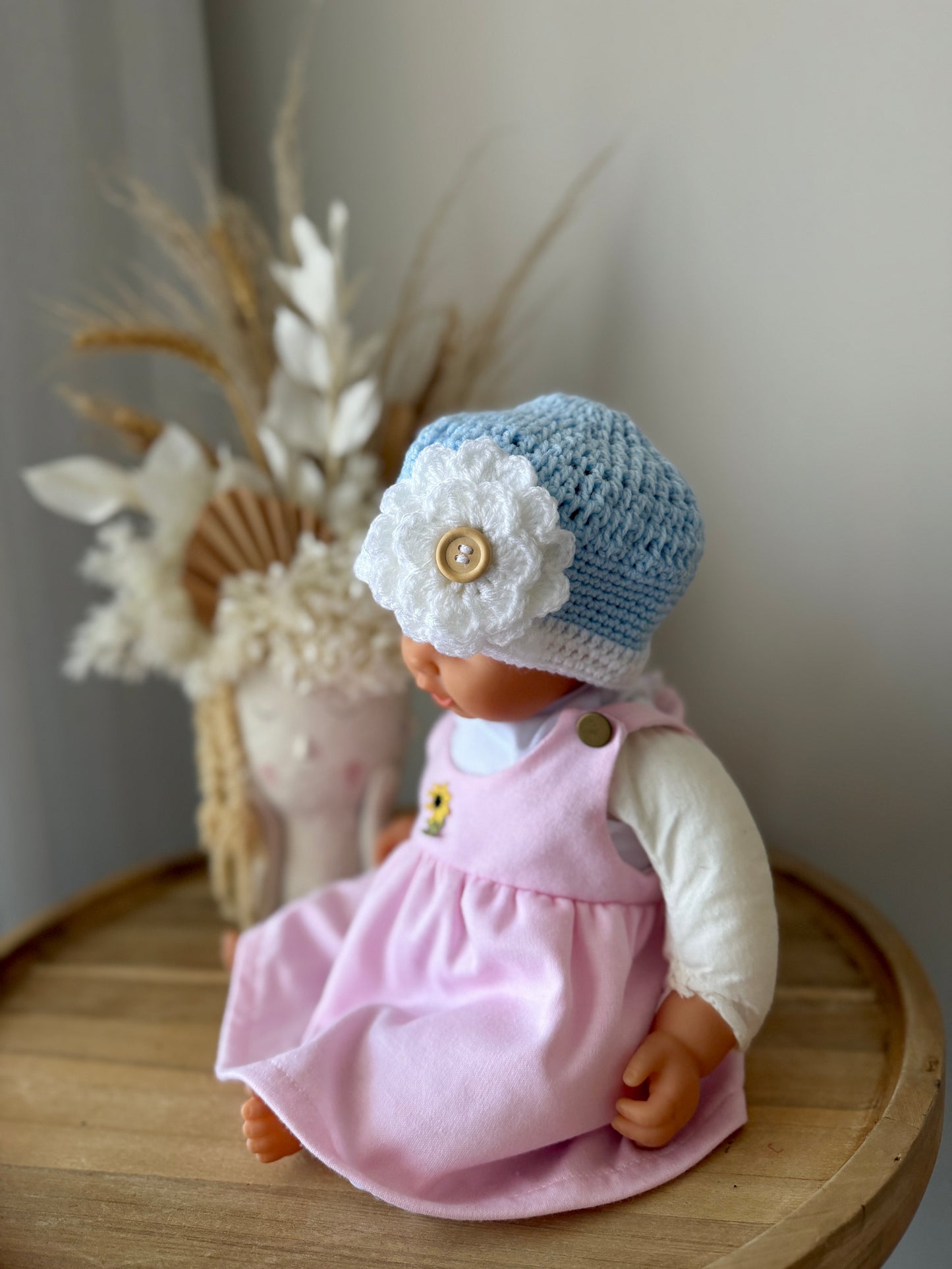 Baby Blue & White Crochet Beanie with Flower Design