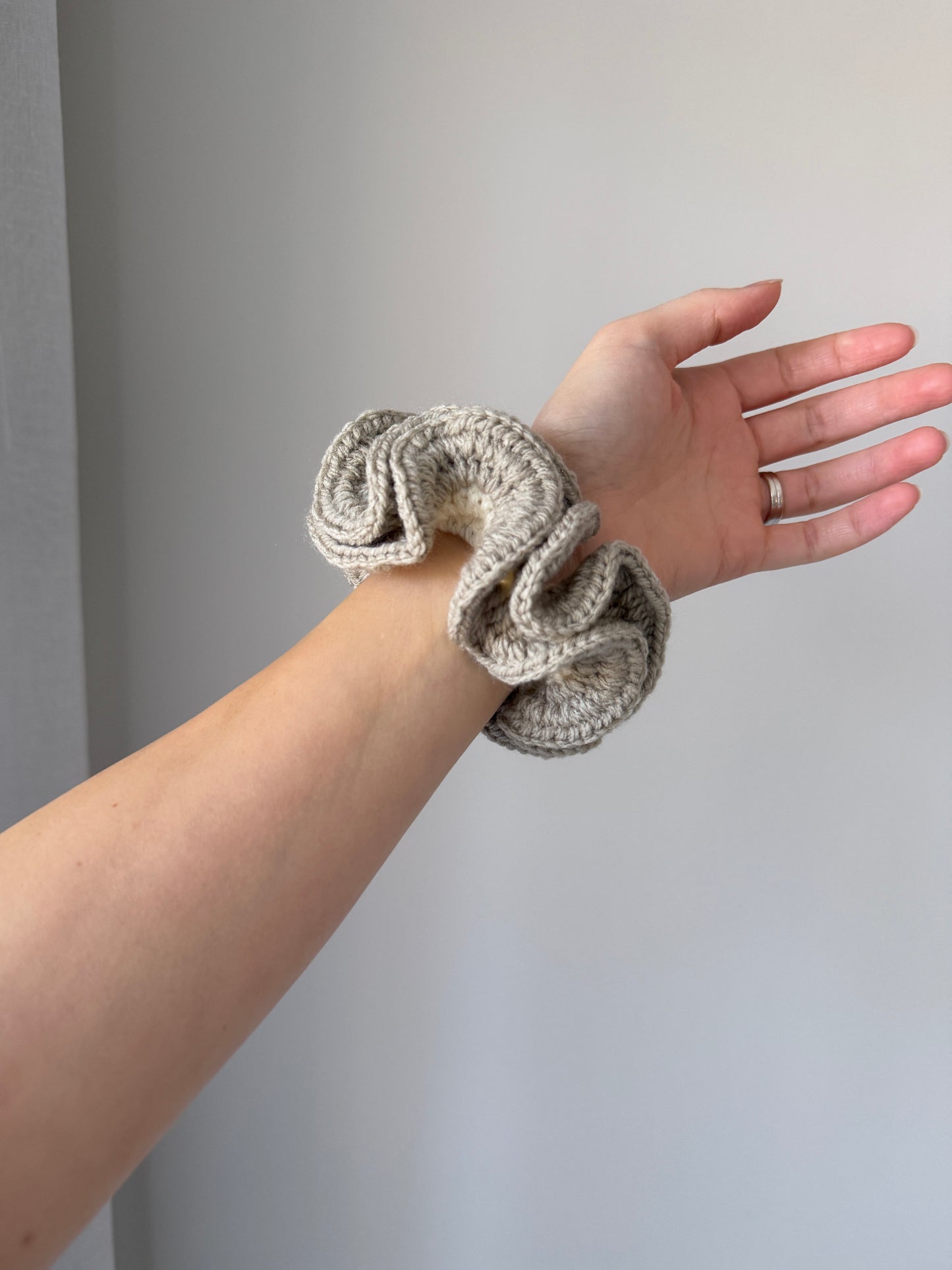 Brownish Grey & Cream Crochet Scrunchie