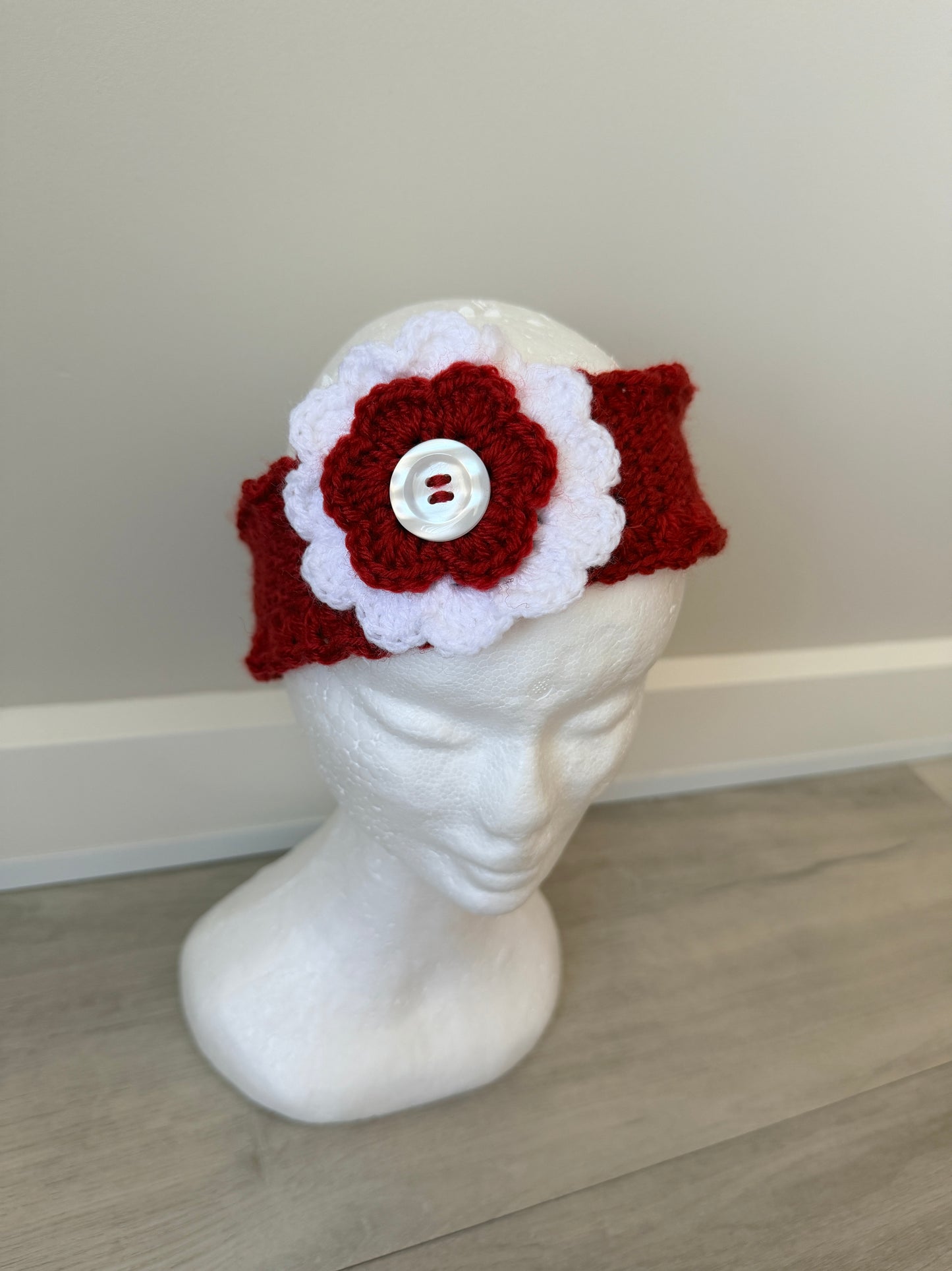Pretty Red & White Crochet Headband with Flower Design