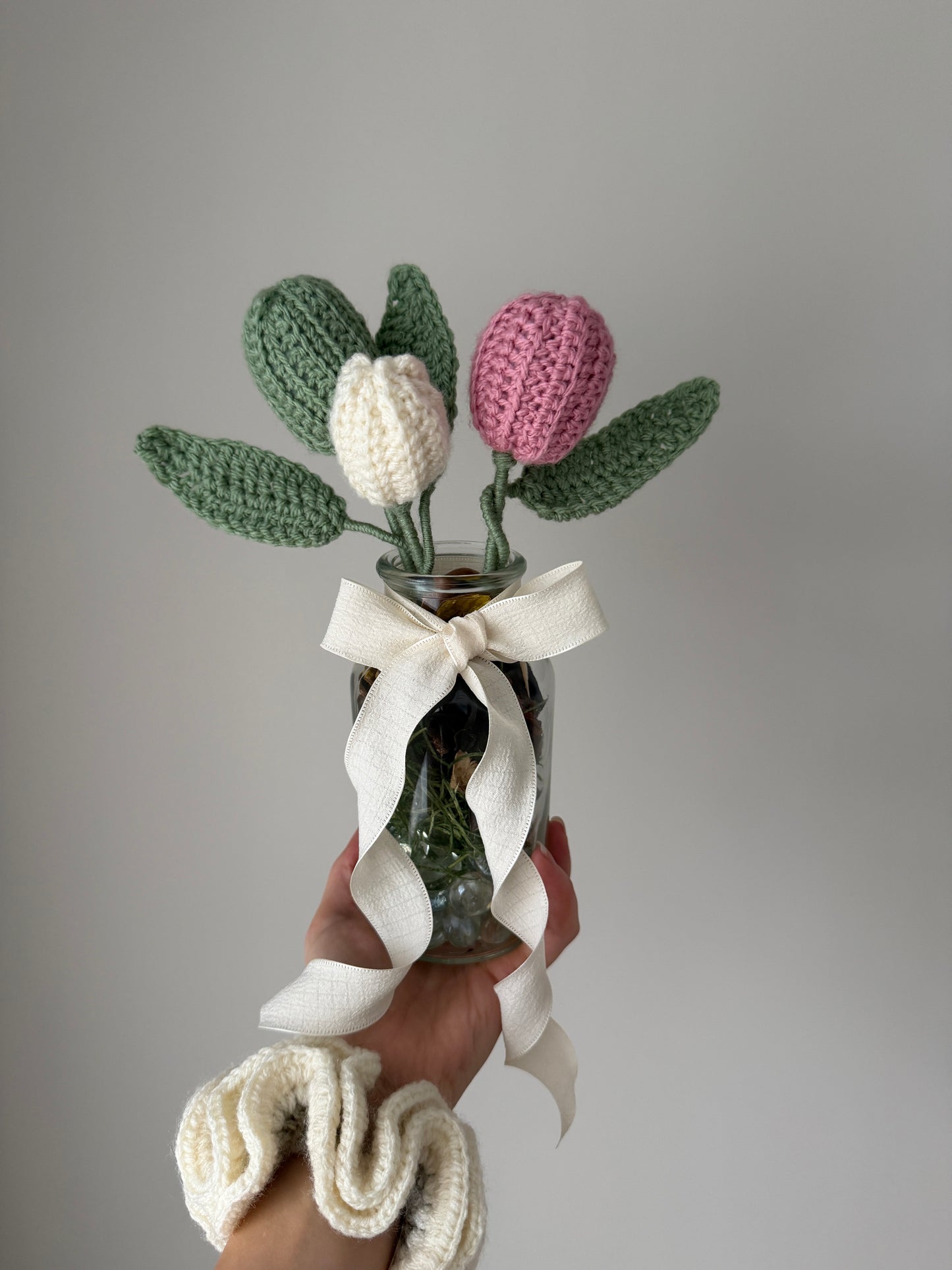 Crochet Coloured Flower Buds in Glass Vase