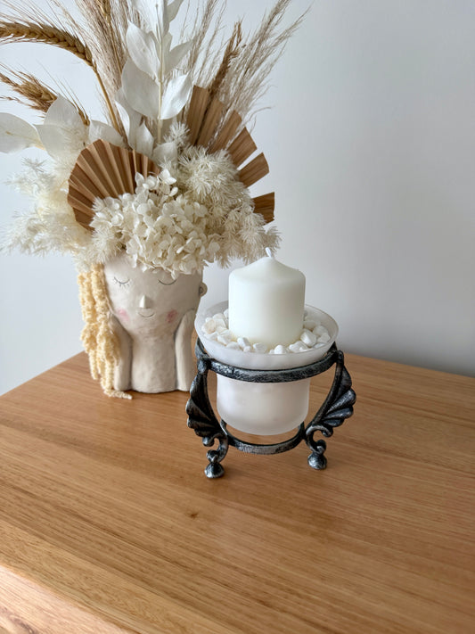 White Candle in Frosted Glass Bowl