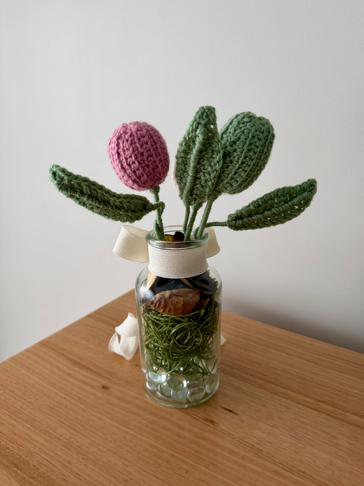 Crochet Coloured Flower Buds in Glass Vase