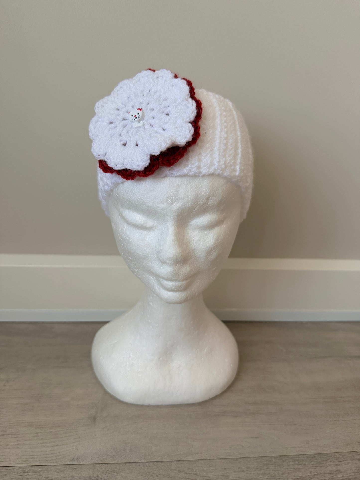 White & Red Crochet Headband with Cat Button