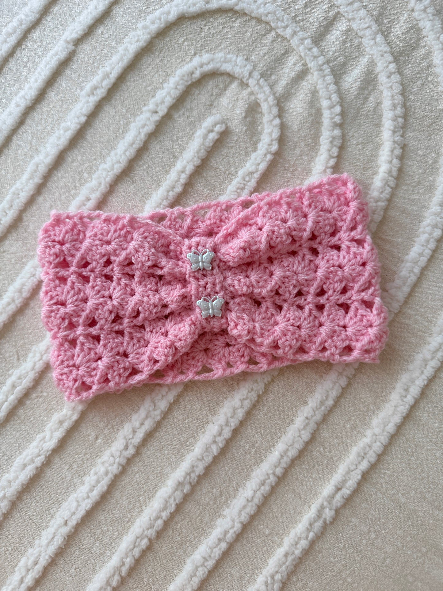 Pink Crochet Butterfly Button Head Wrap