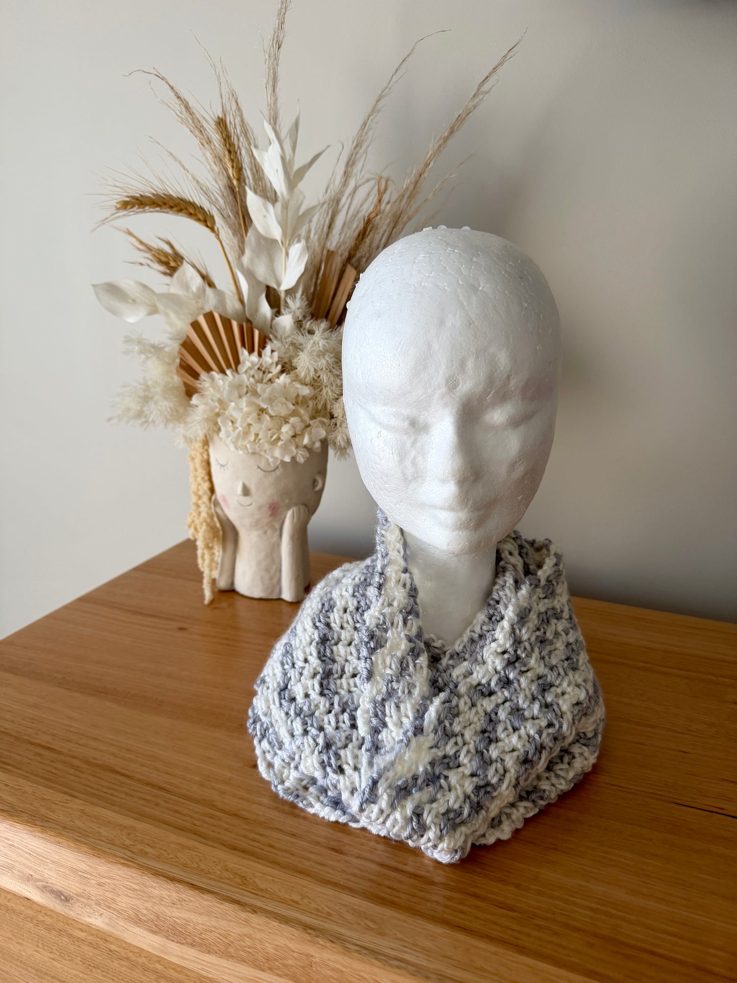 Grey Crochet Wrap-Around Scarf