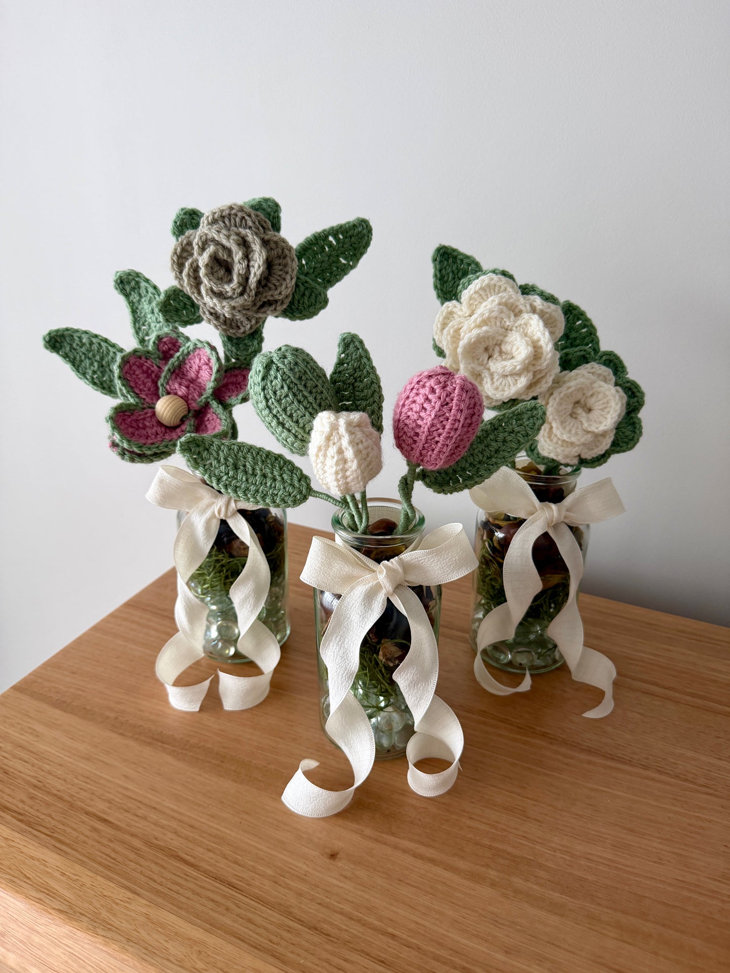 Coloured Crochet Flower Arrangement in Glass Vase