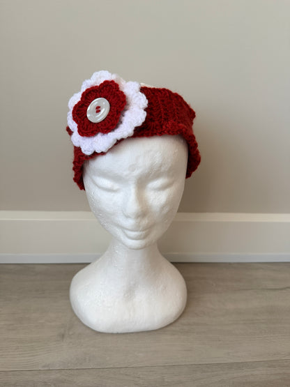 Pretty Red & White Crochet Headband with Flower Design