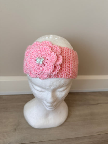 Pink Flower Crochet Headband with Butterfly Button