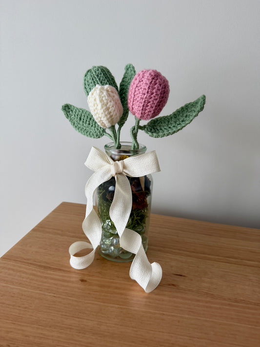 Crochet Coloured Flower Buds in Glass Vase