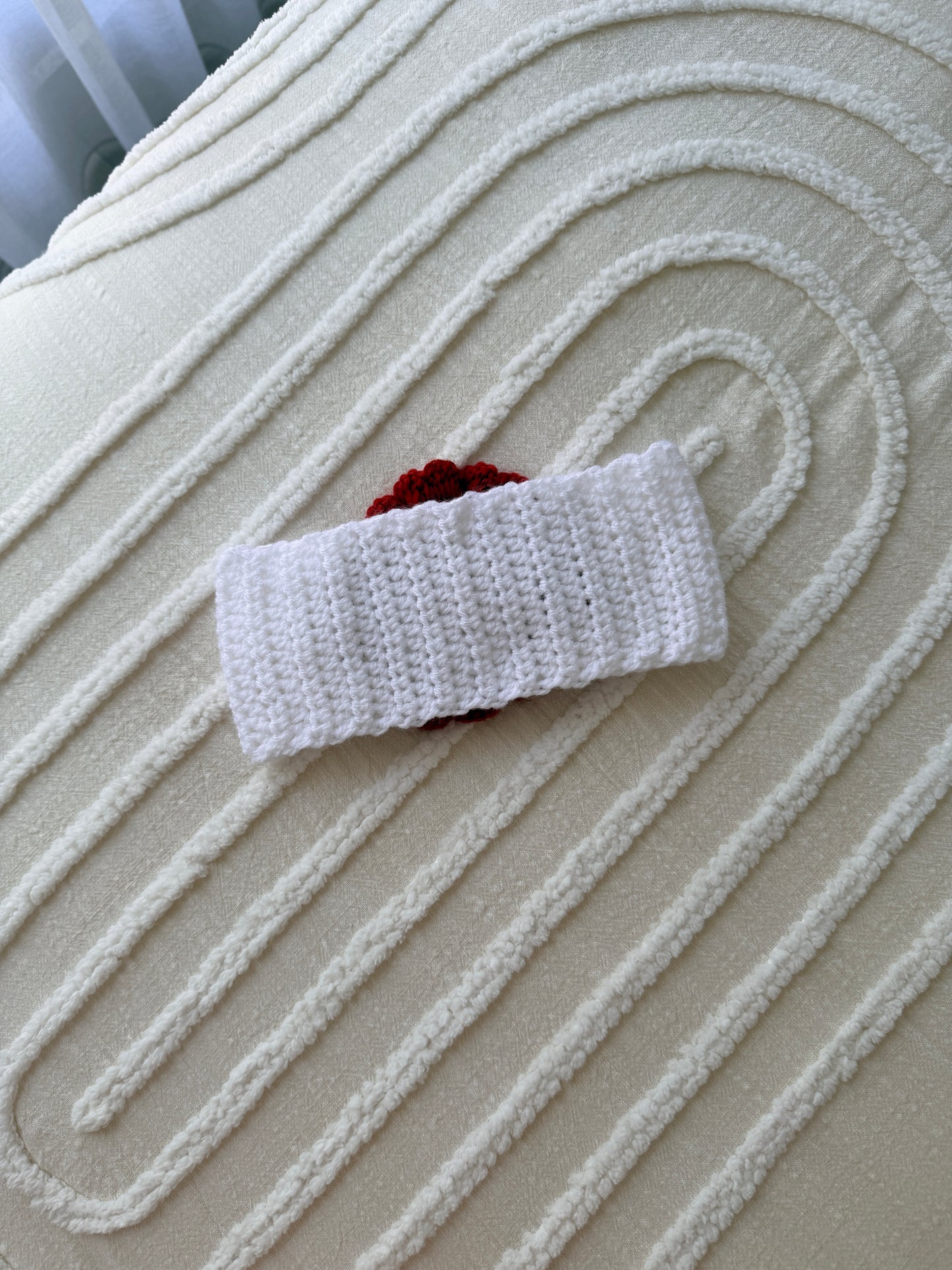 Adorable White & Red Crochet Headband with Cat Button