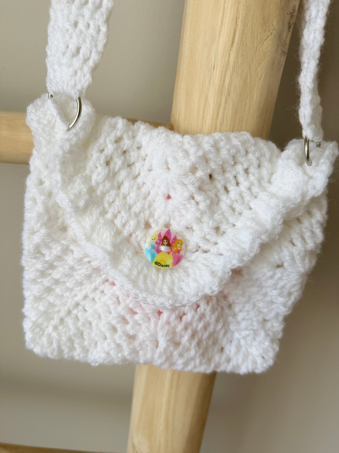 White & Coral Kids Crochet Bag with Princess Button