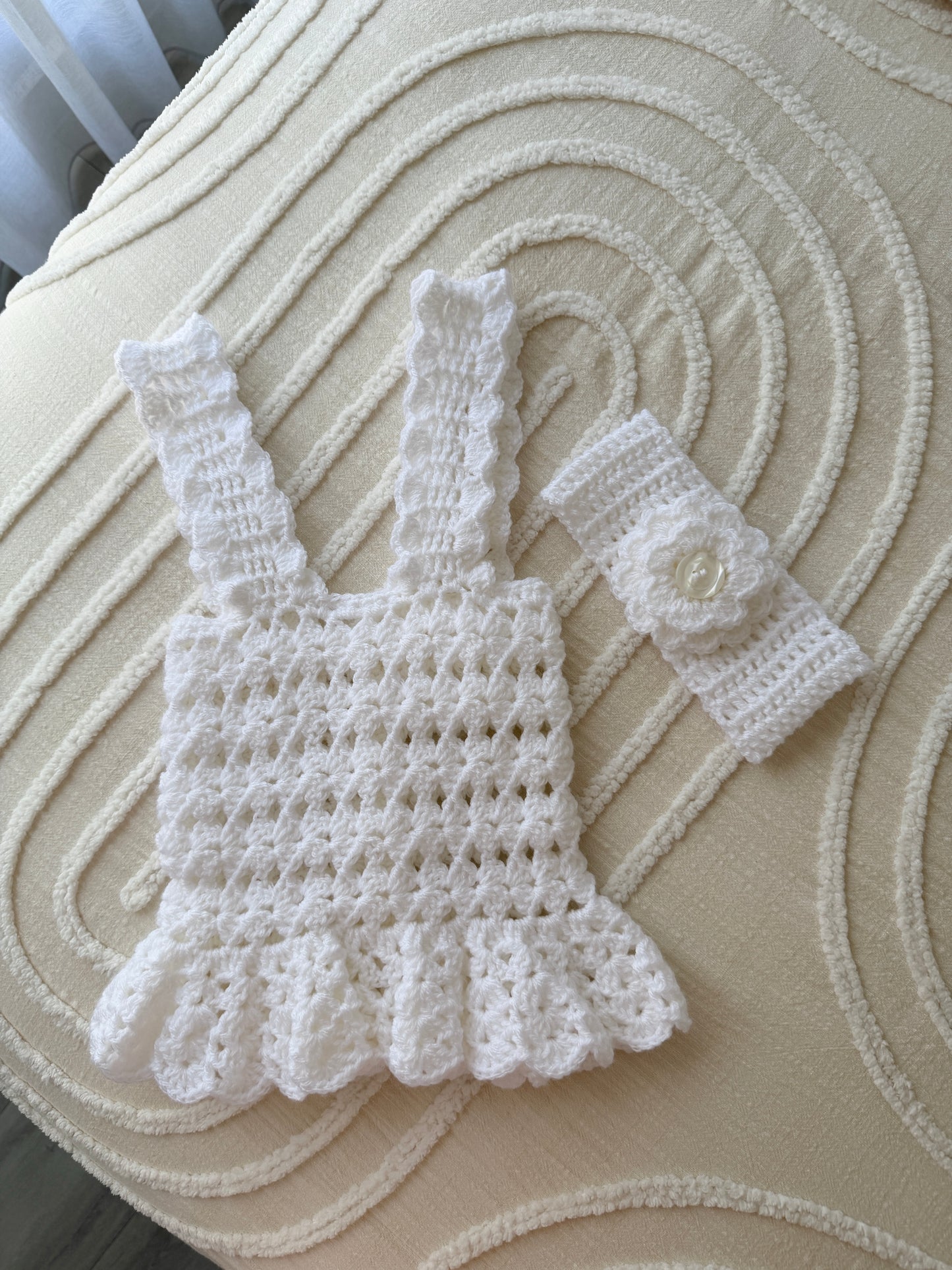 Olivia White Pinafore & Headband Crochet Set