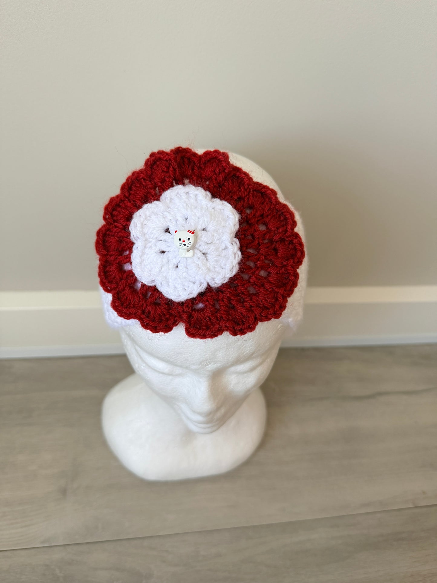 Adorable White & Red Crochet Headband with Cat Button