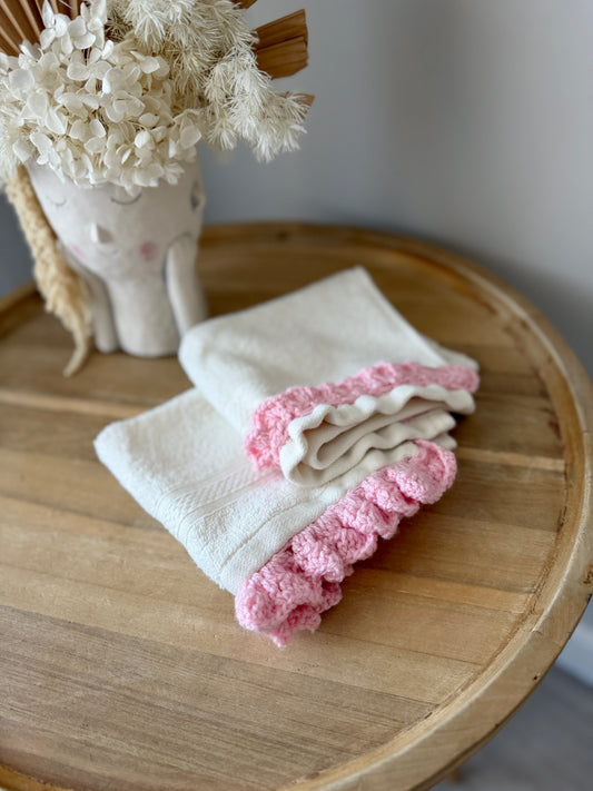 Pretty Pair of Face Washers with Pink Crochet Detail