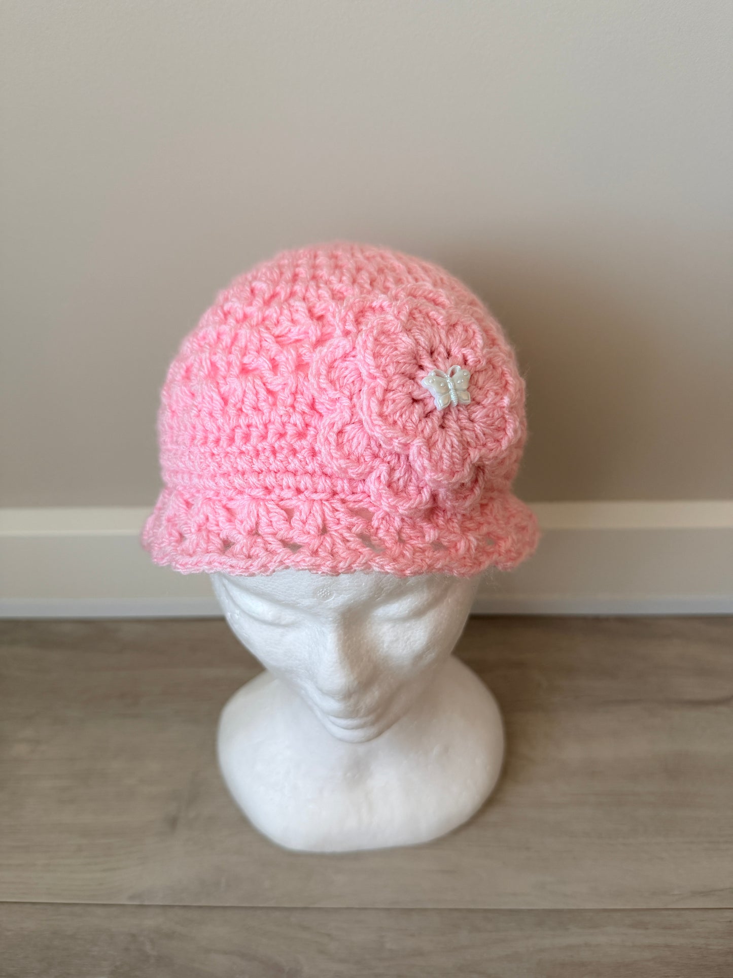 Amelia Pink Crochet Hat with Butterfly Button