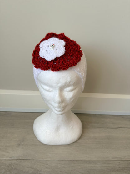 Adorable White & Red Crochet Headband with Cat Button