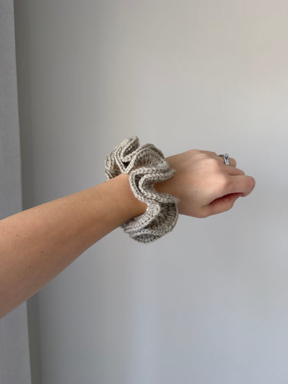 Brownish Grey & Cream Crochet Scrunchie