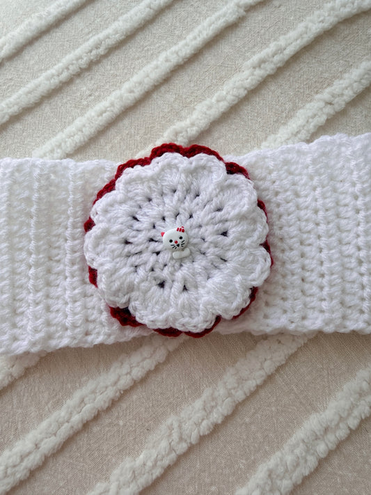 White & Red Crochet Headband with Cat Button