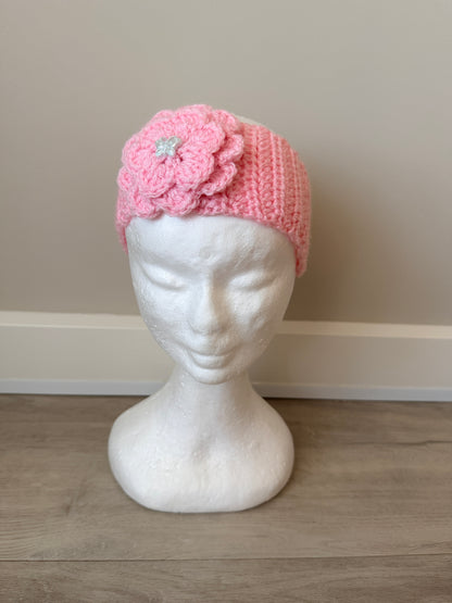 Pink Flower Crochet Headband with Butterfly Button