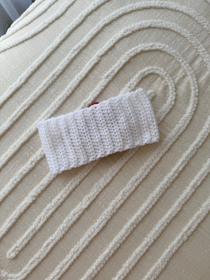 White & Red Crochet Headband with Cat Button