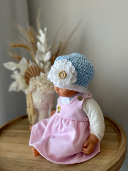 Baby Blue & White Crochet Beanie with Flower Design