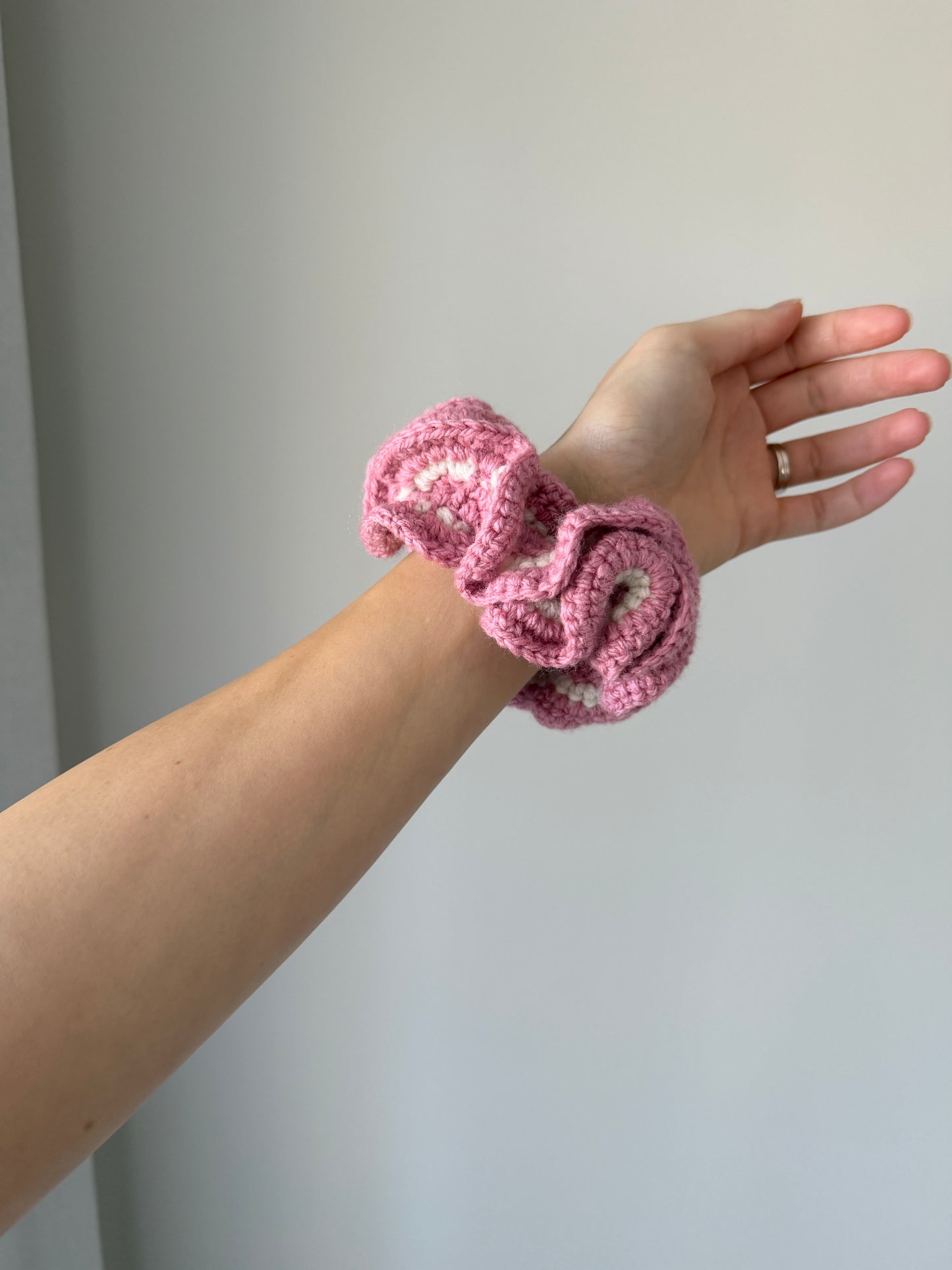 Pink & Cream Crochet Scrunchie