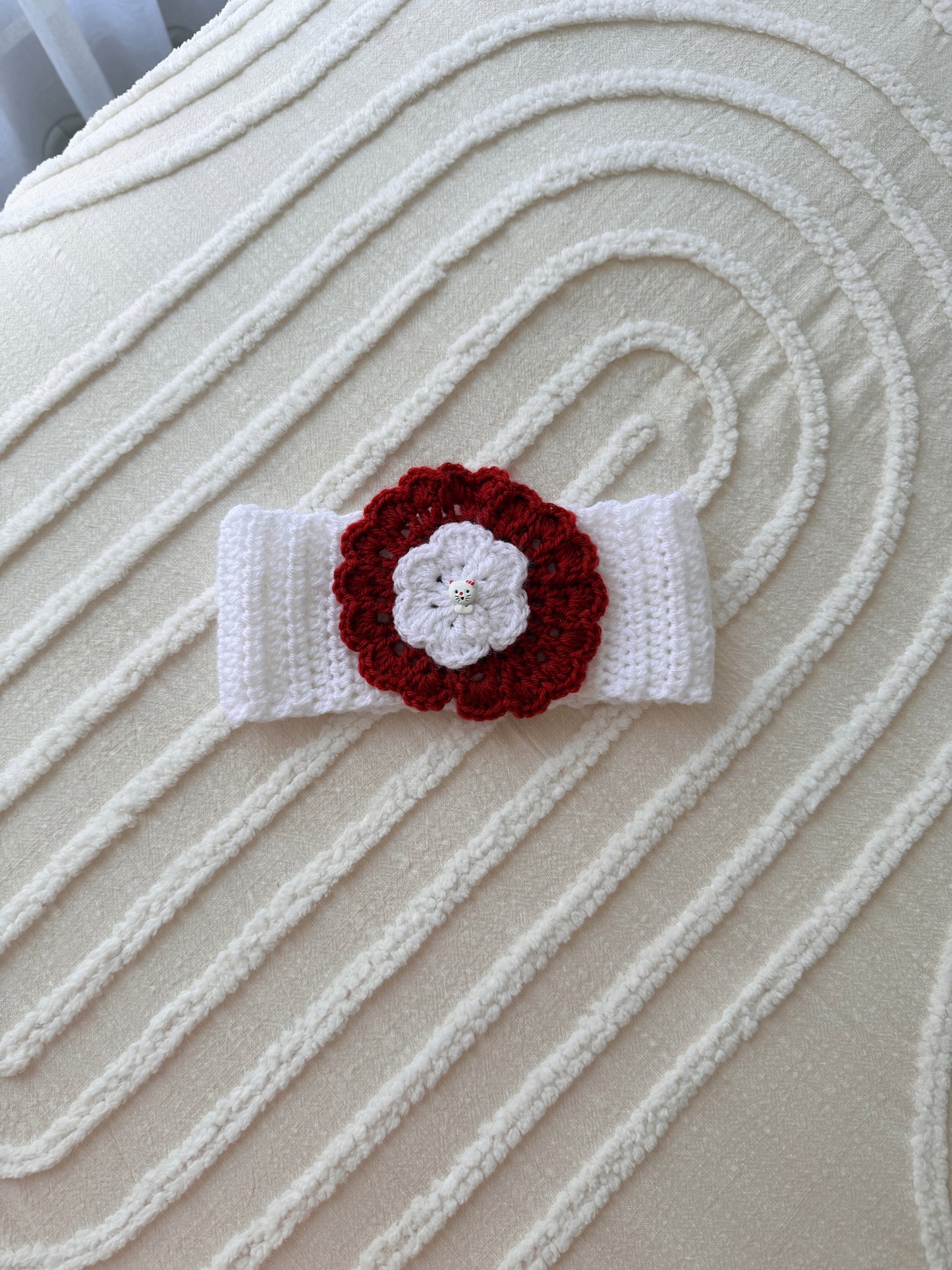 Adorable White & Red Crochet Headband with Cat Button