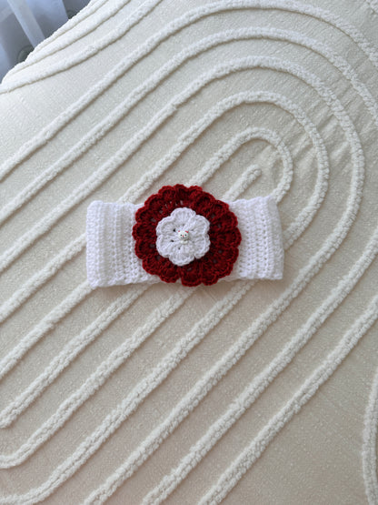 Adorable White & Red Crochet Headband with Cat Button