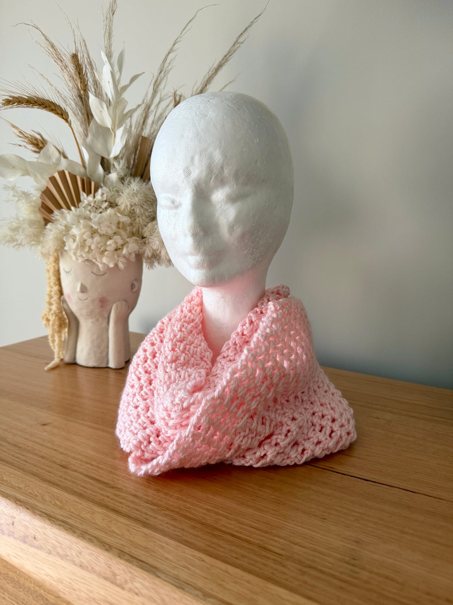 Pink Crochet Wrap-Around Scarf