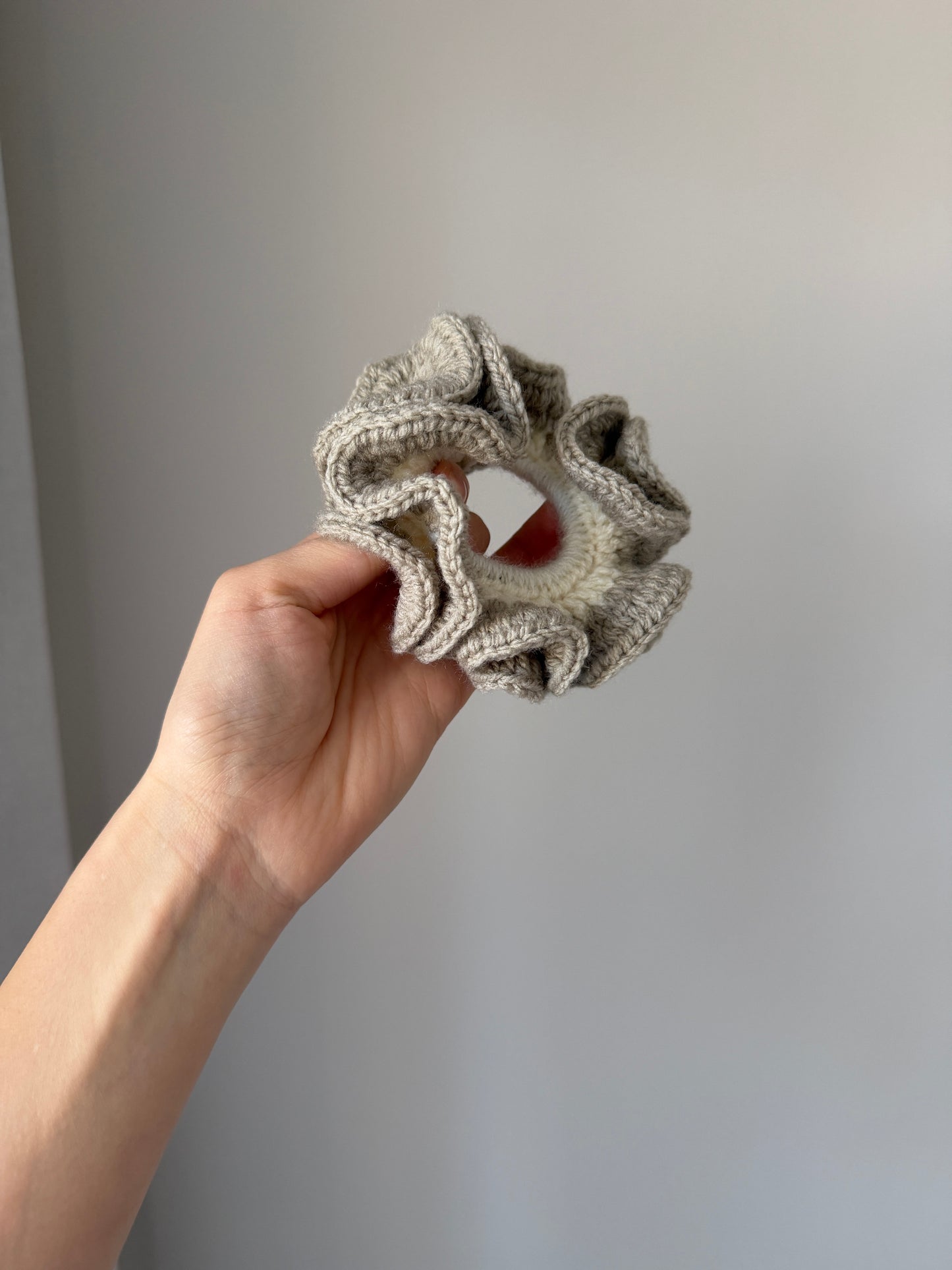 Brownish Grey & Cream Crochet Scrunchie