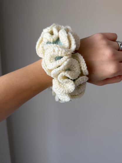 Aqua & Cream Crochet Scrunchie