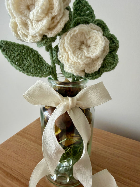 Cream Crochet Open Flower Arrangement with Glass Vase