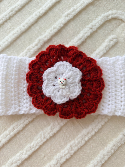 Adorable White & Red Crochet Headband with Cat Button