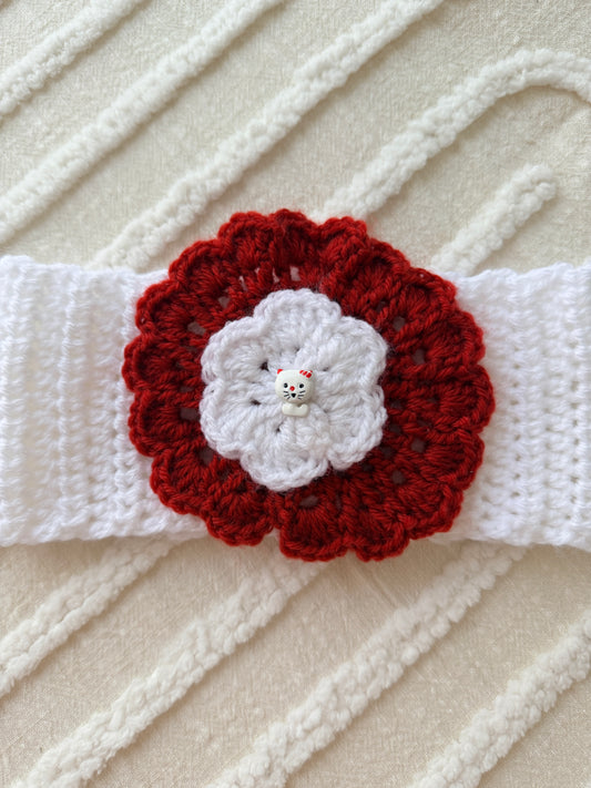 Adorable White & Red Crochet Headband with Cat Button