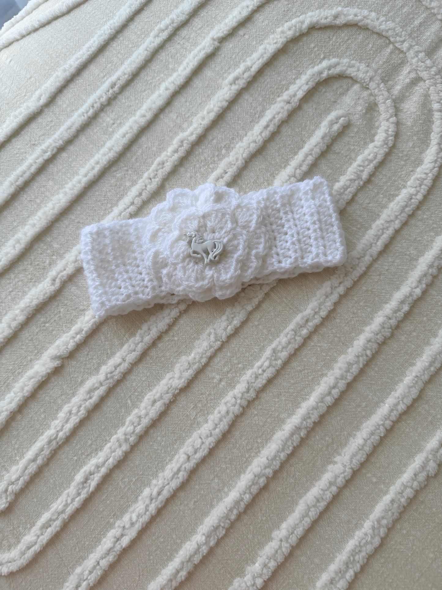 White Flower Headband with Unicorn Button