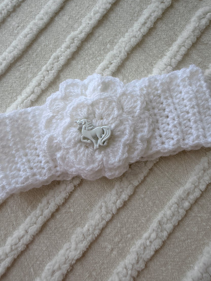 White Flower Headband with Unicorn Button