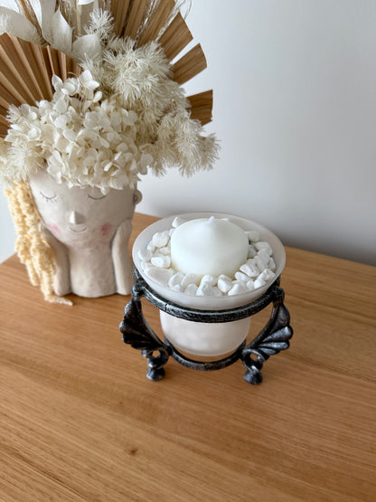 White Candle in Frosted Glass Bowl