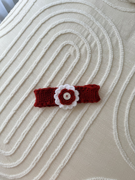 Pretty Red & White Crochet Headband with Flower Design