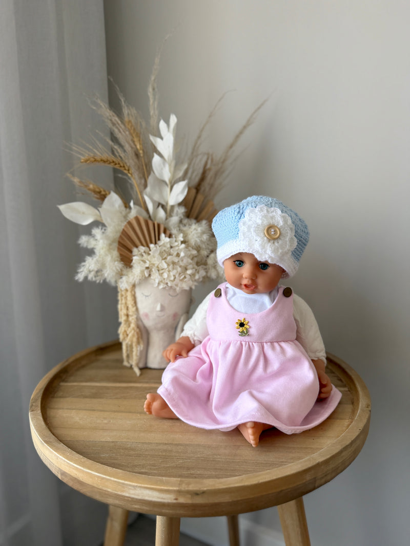 Baby Blue & White Crochet Beanie with Flower Design