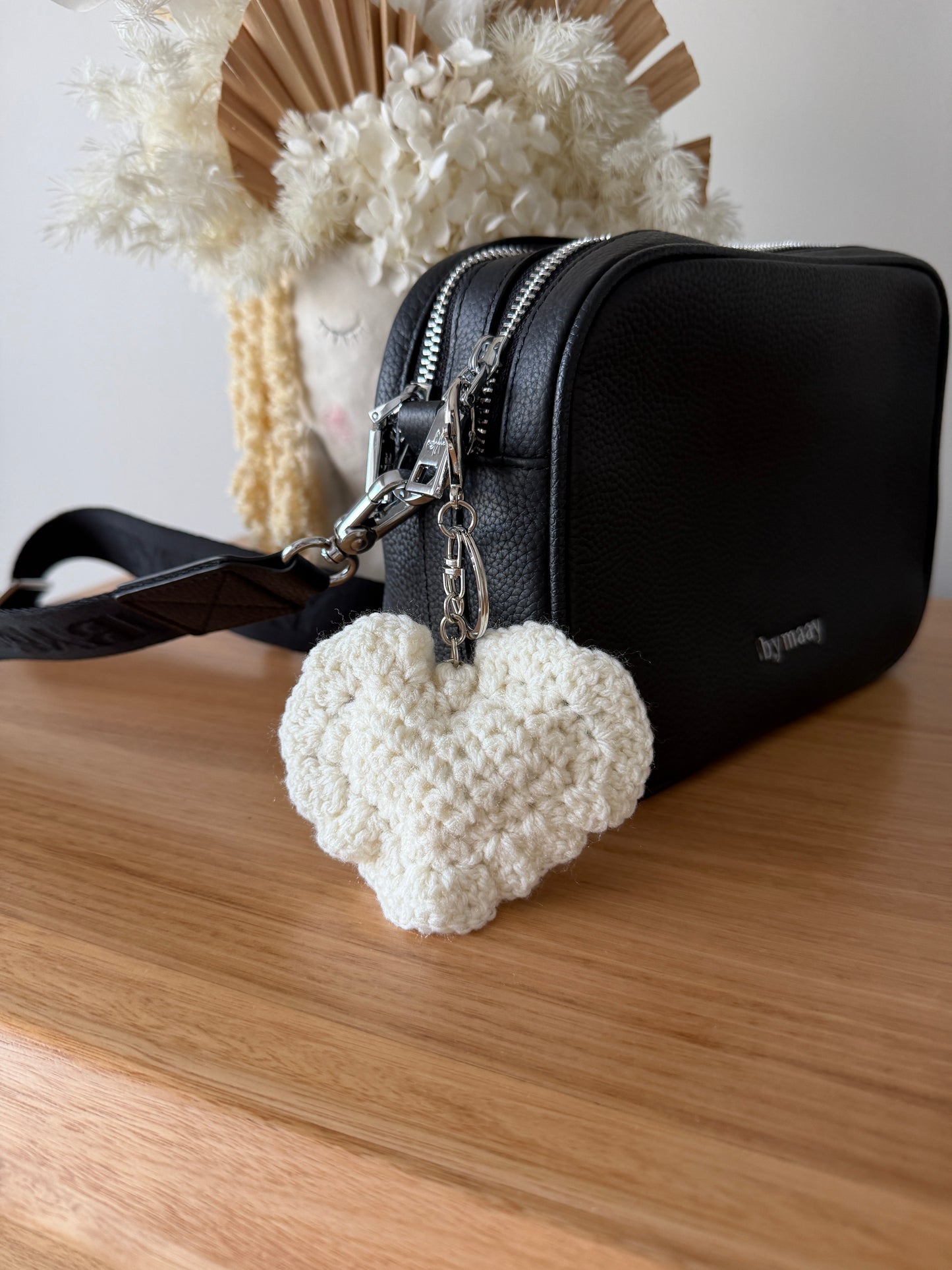 Cream Crochet Heart Key Chain