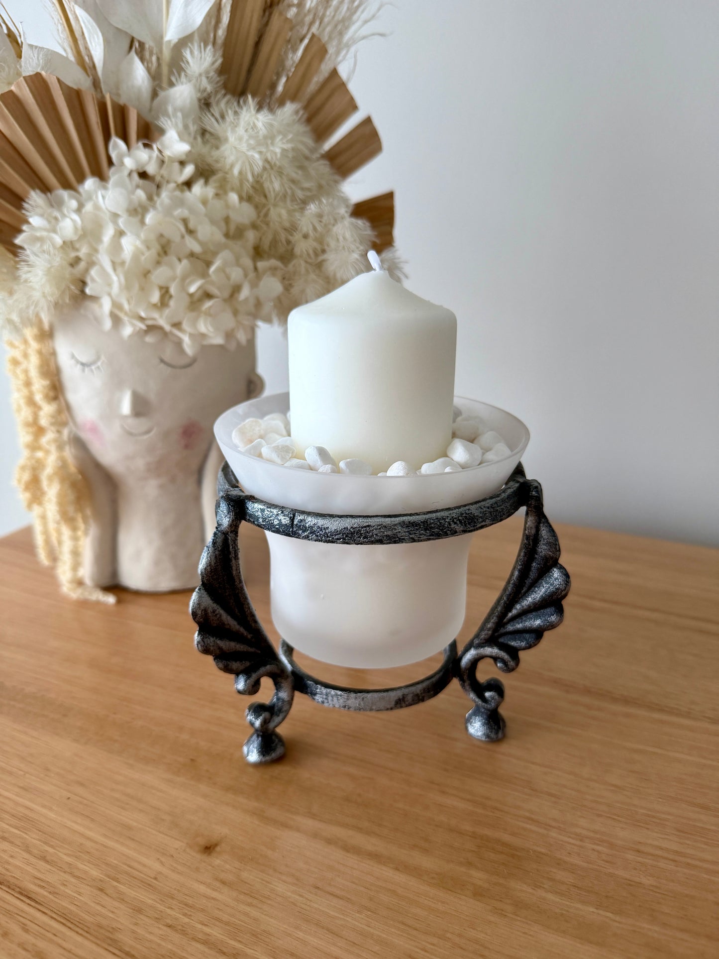 White Candle in Frosted Glass Bowl
