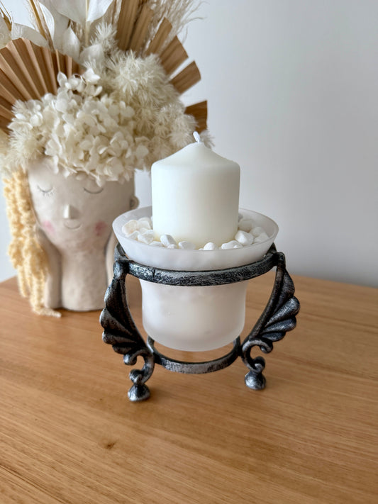 White Candle in Frosted Glass Bowl
