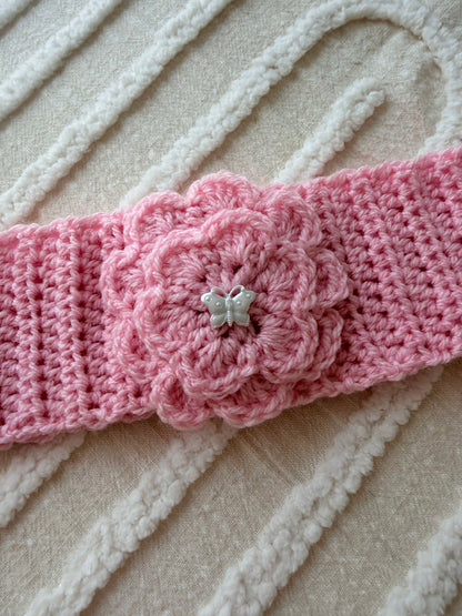 Pink Flower Crochet Headband with Butterfly Button