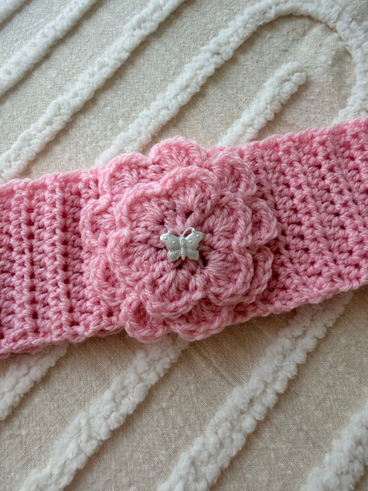 Pink Flower Crochet Headband with Butterfly Button