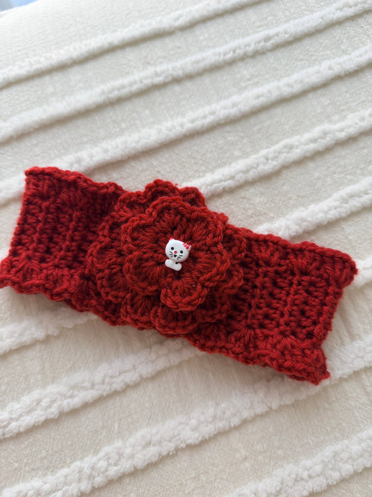 Red Flower Crochet Headband with Cat Button