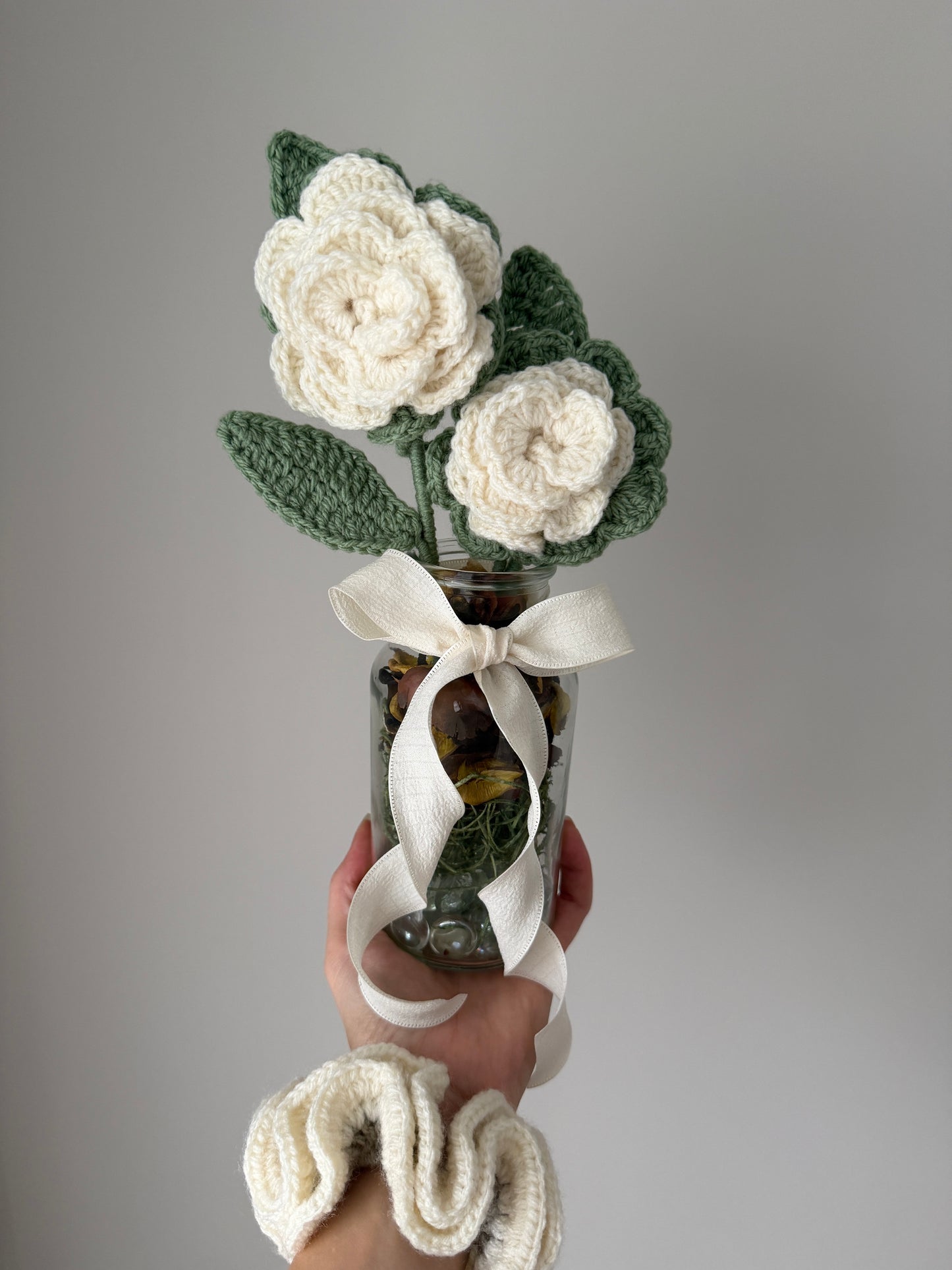 Cream Crochet Open Flower Arrangement with Glass Vase