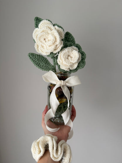 Cream Crochet Open Flower Arrangement with Glass Vase