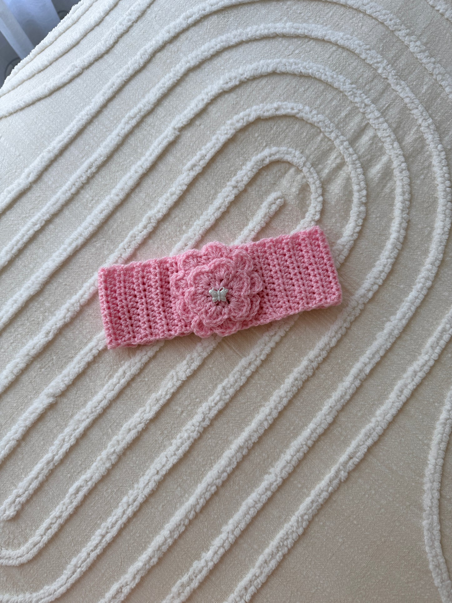 Pink Flower Crochet Headband with Butterfly Button